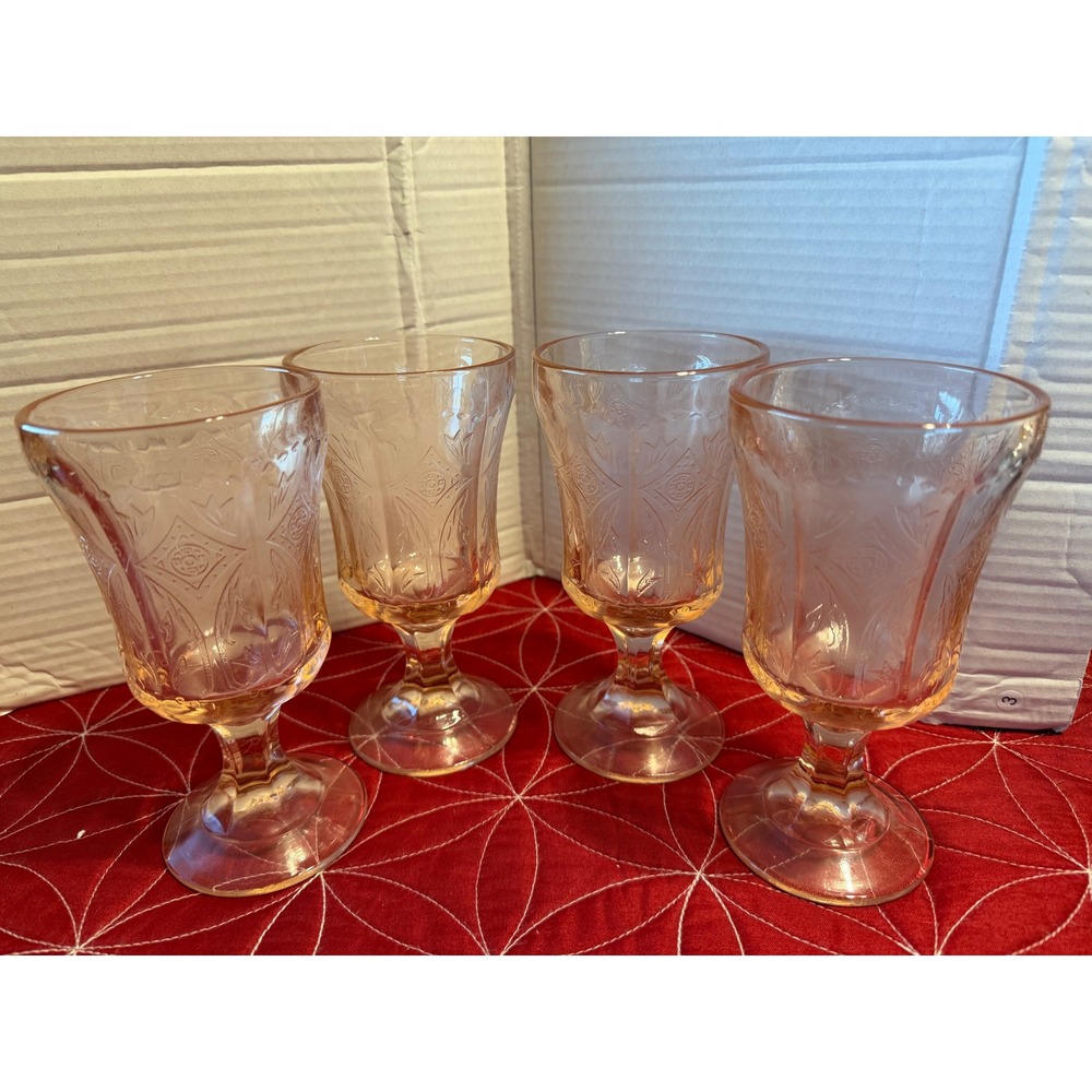 Set of 4 Vtg Pink Depression Recollection Glass Goblets Etched Floral Design